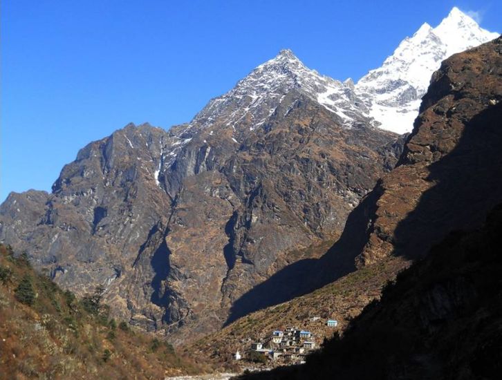 Beding Village beneath Gauri Shankar in the Rolwaling Valley