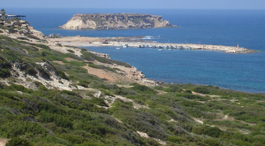 Harbour at Agios Georgias from above Lara Bay