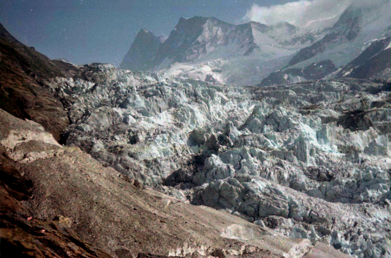 The Finsteraarhorn beyond the Ice Fall on Grindelwald Glacier on route to Strahlegg Hut