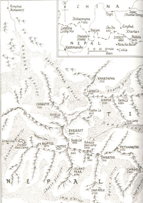 Map of access route to the North Side of Mount Everest ( Chomolungma, Sagarmatha )