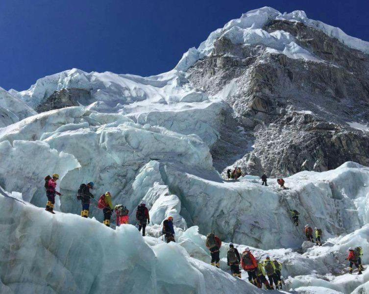 Ascending the Khumbu Ice Fall on the South Col Route for Mount Everest