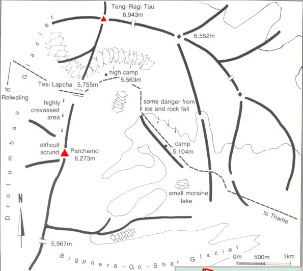 Location Map and Ascent Route for Pharchoma from Trashi Labtse